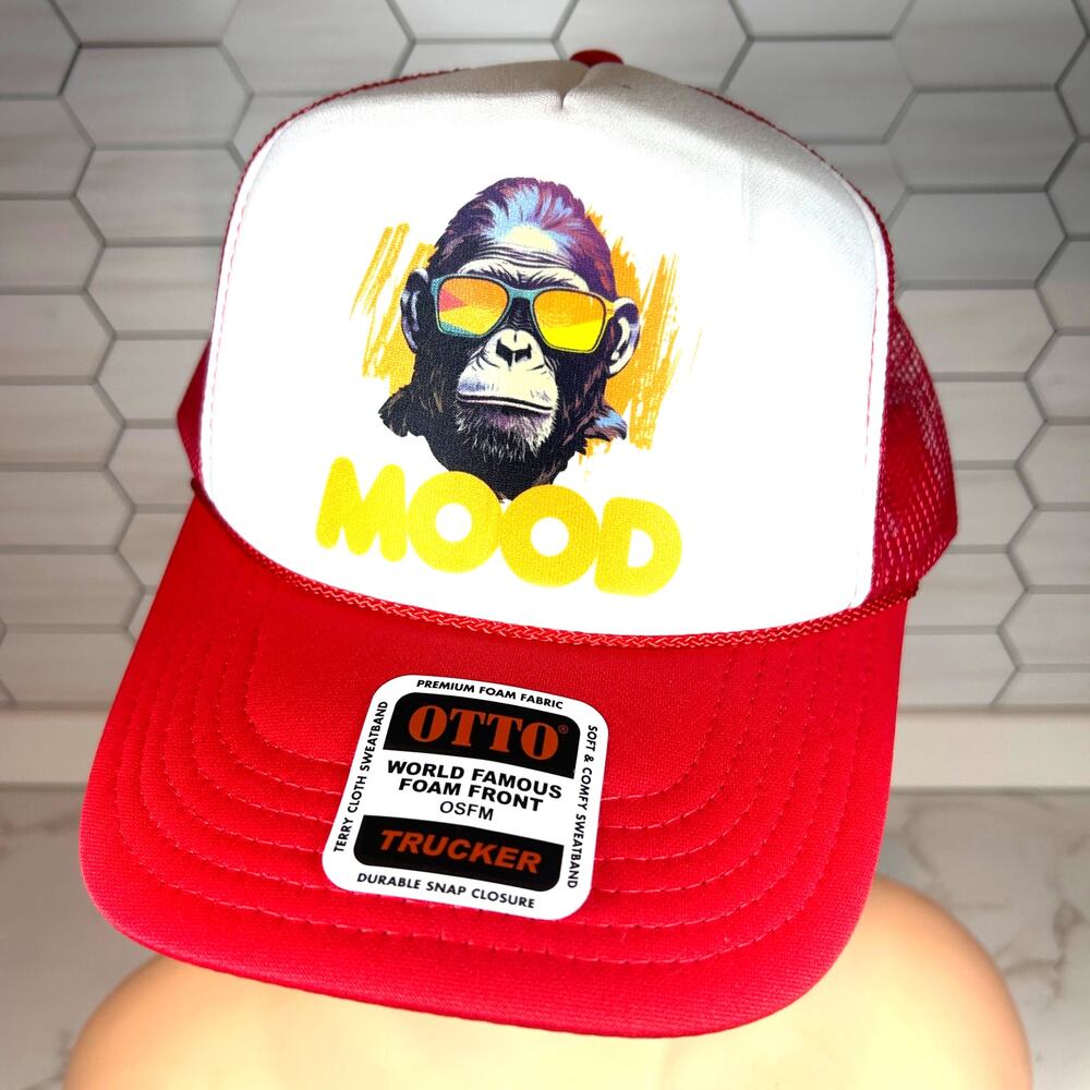 Otto Trucker Hat Gorilla Mood Graphic Red White Mesh Snapback Festival Rave